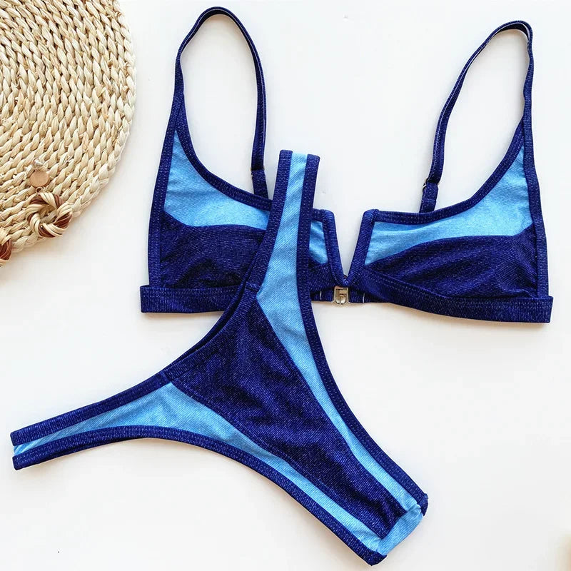 Bikini Femme 2 Pièces Denim Effet Jeans Tanga V Push-Up – Maillot de Bain Sexy Été & Plage