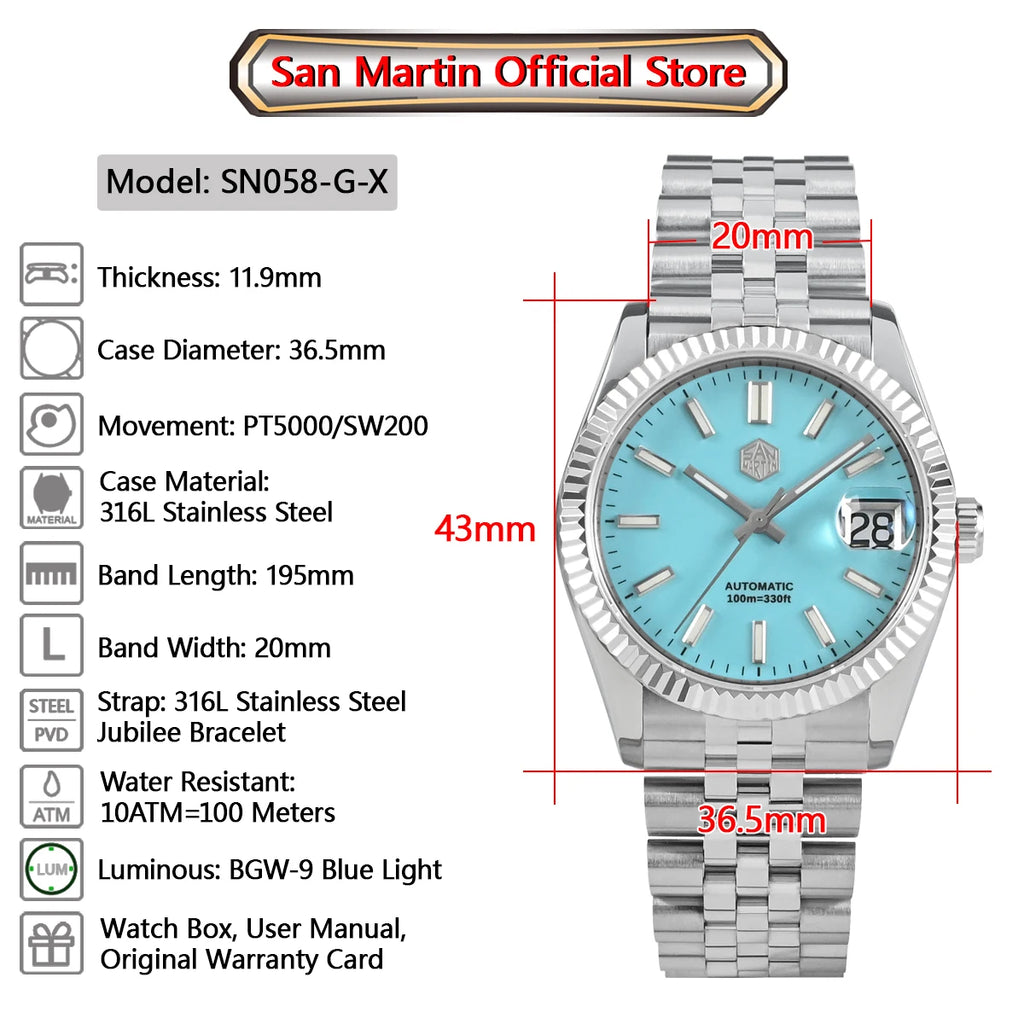 Montre Homme Luxe San Martin 36.5mm Automatique Verre Saphir Étanche 100m BGW9 – Dress Watch Fashion