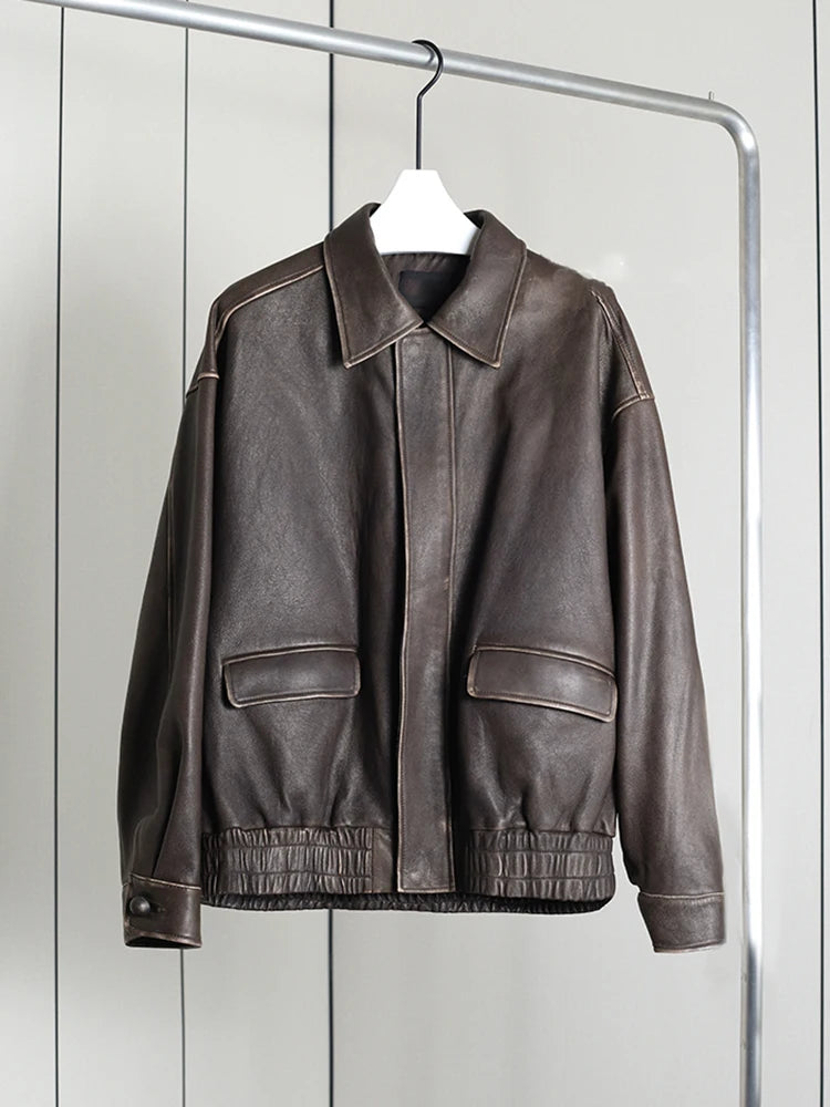 Oversize Jacke Kunstleder Distressed Damen – Vintage Retro Stil Reißverschluss | Braun Schwarz Frühling Herbst