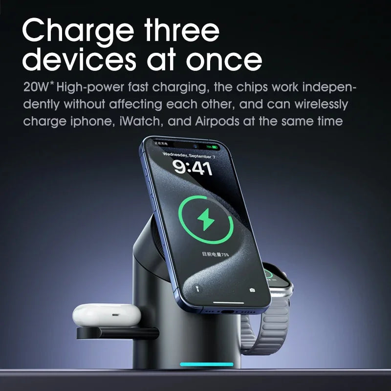 Chargeur Qi2 3-en-1 Multifonction Tactile Rotatif – iPhone 16 15 14 Pro Max iWatch Écouteurs