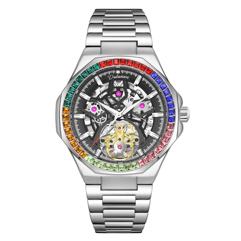 Montre Homme Tourbillon Automatique Mécanique – Lunette Gemmes Arc-en-Ciel Sport Business