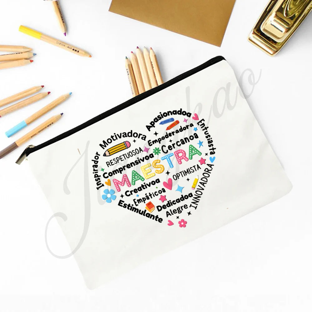 Trousse Maquillage Maestra Imprimé Coeur Espagnol – Organisateur Voyage & Crayon | Cadeau Enseignante