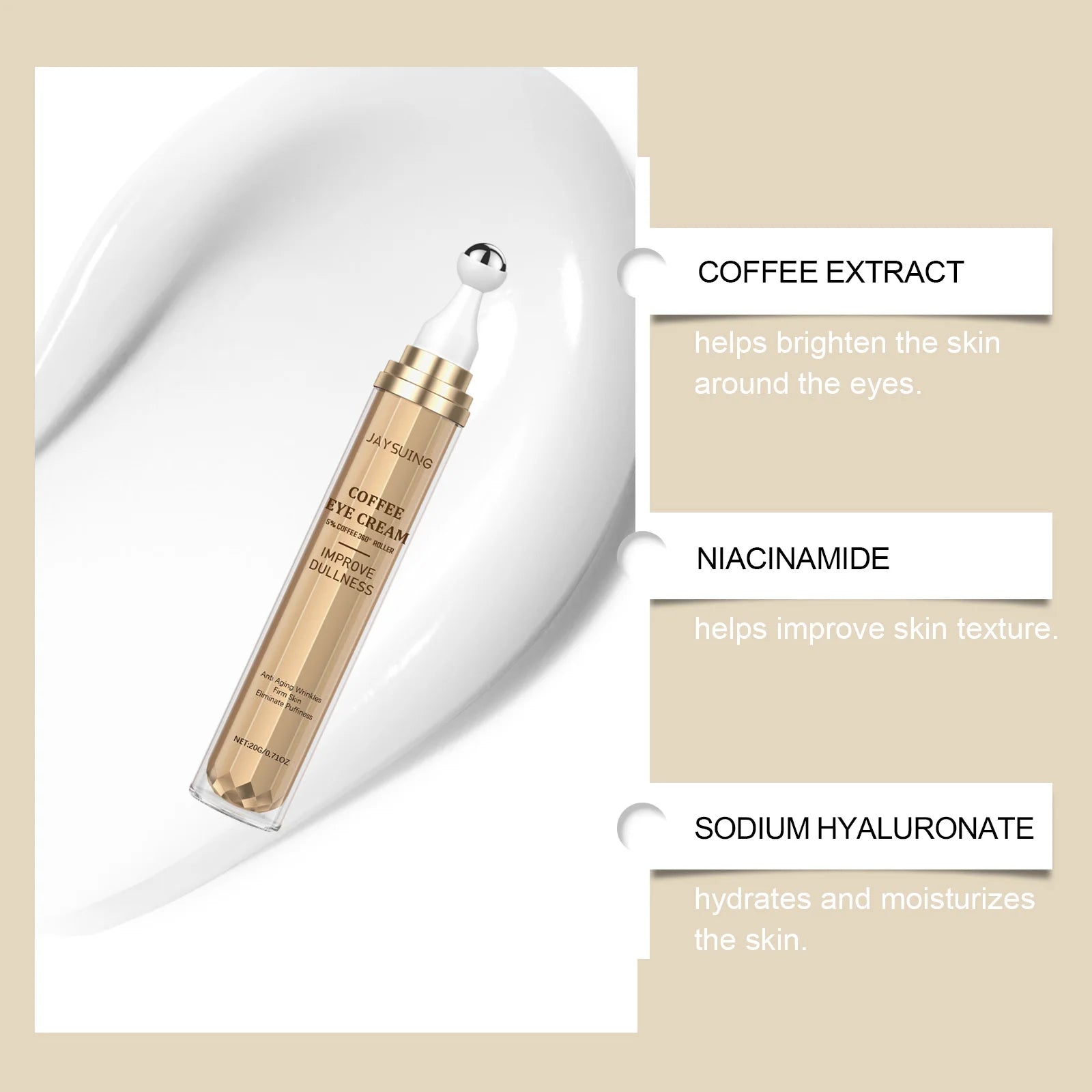 Crème Contour des Yeux Caféine – Anti-Cernes Poches Ridules Liftant Roller Massage