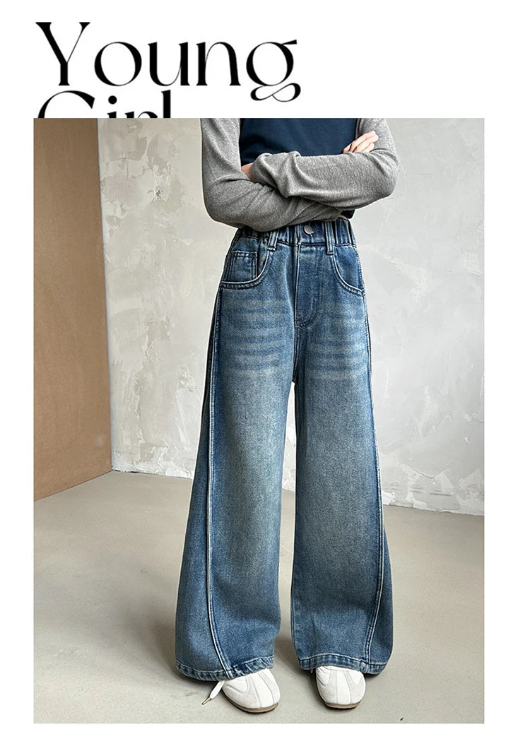 Jean Large Fille Taille Haute Bleu Foncé – Pantalon Denim Jambe Large Retroussable Enfant 4-14 Ans