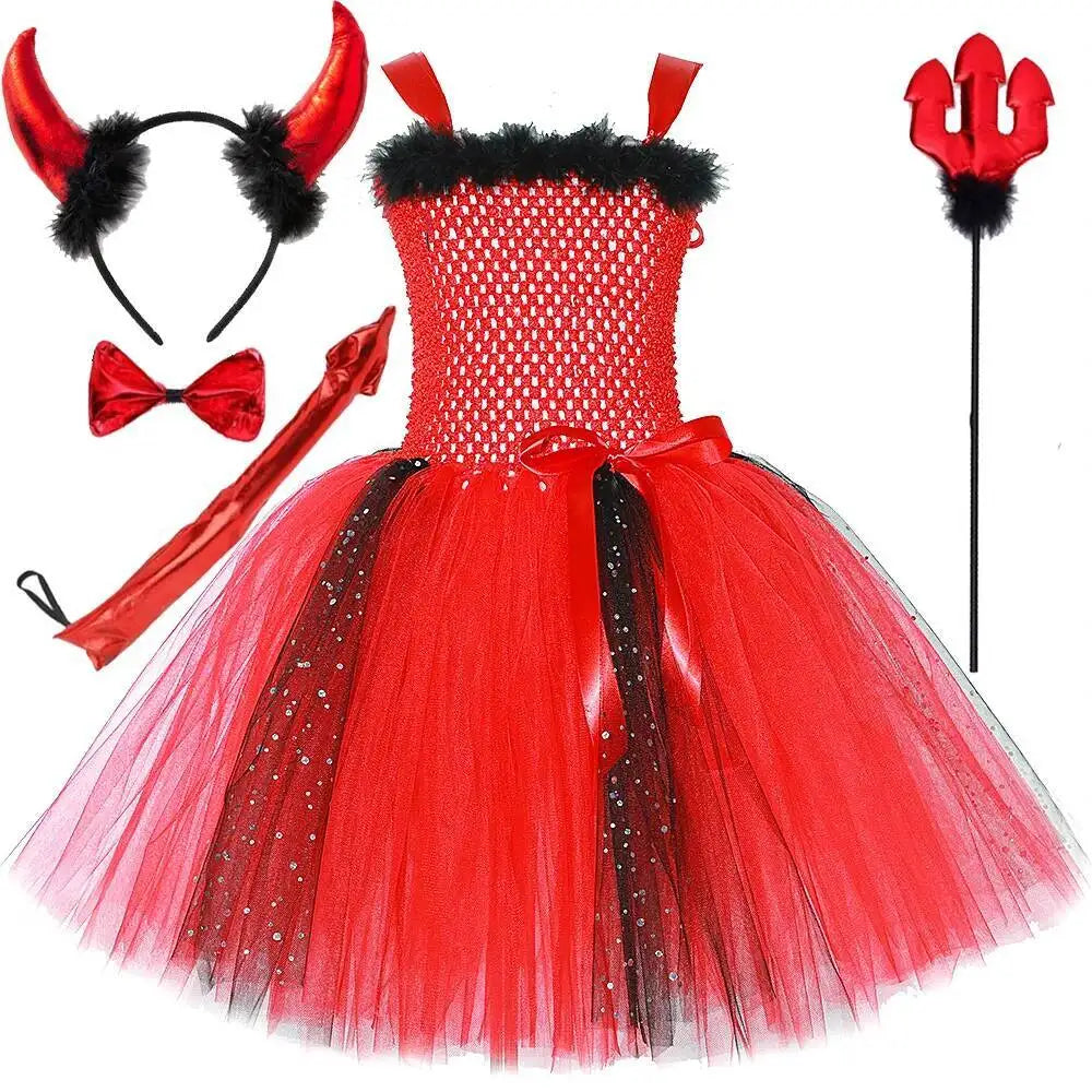 Déguisement Diablesse Rouge Fille – Robe Tutu Demon avec Ailes Cornes Trident Halloween Carnaval