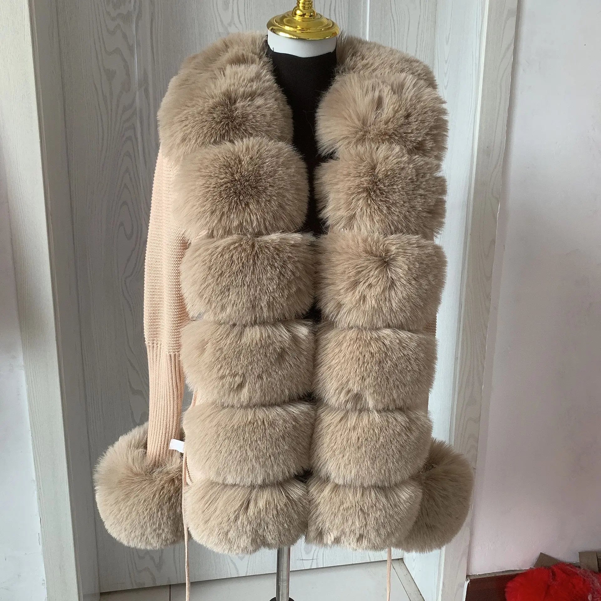 Damen Cardigan Strick Kragen Kunstpelz Fuchs Elegant – Chic & Luxuriöser Pullover Mantel | Frühling Herbst