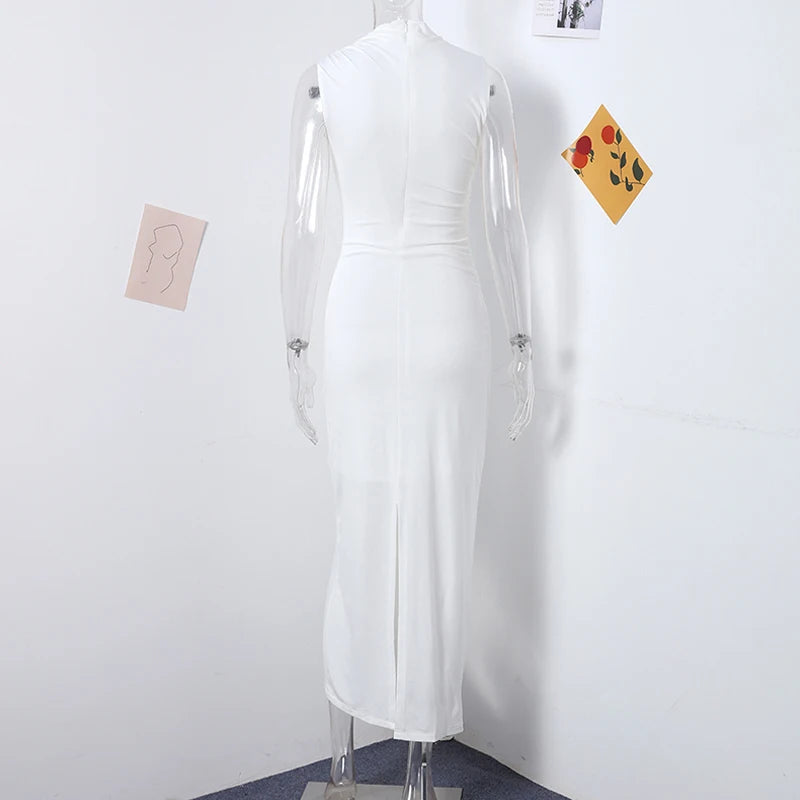 Damen Maxikleid Weiß Plissiert Ärmellos Rundhals – Schlank Machend Elegant | Sommerabend