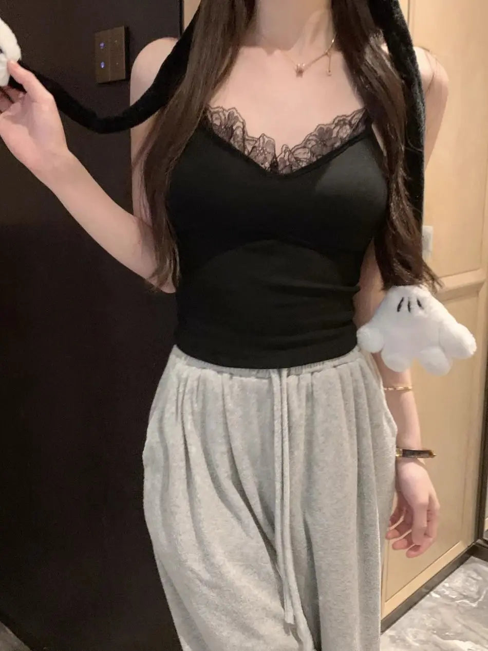 Camisole Dentelle Crop Top Femme Sans Manches – Style Coréen Coquette | Blanc Noir Y2K Été