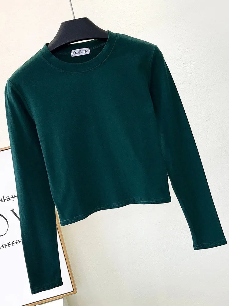 Top Femme Sexy Col Rond Manches Longues Découpe Nombril Basique – Mode Casual & Tendance | Automne