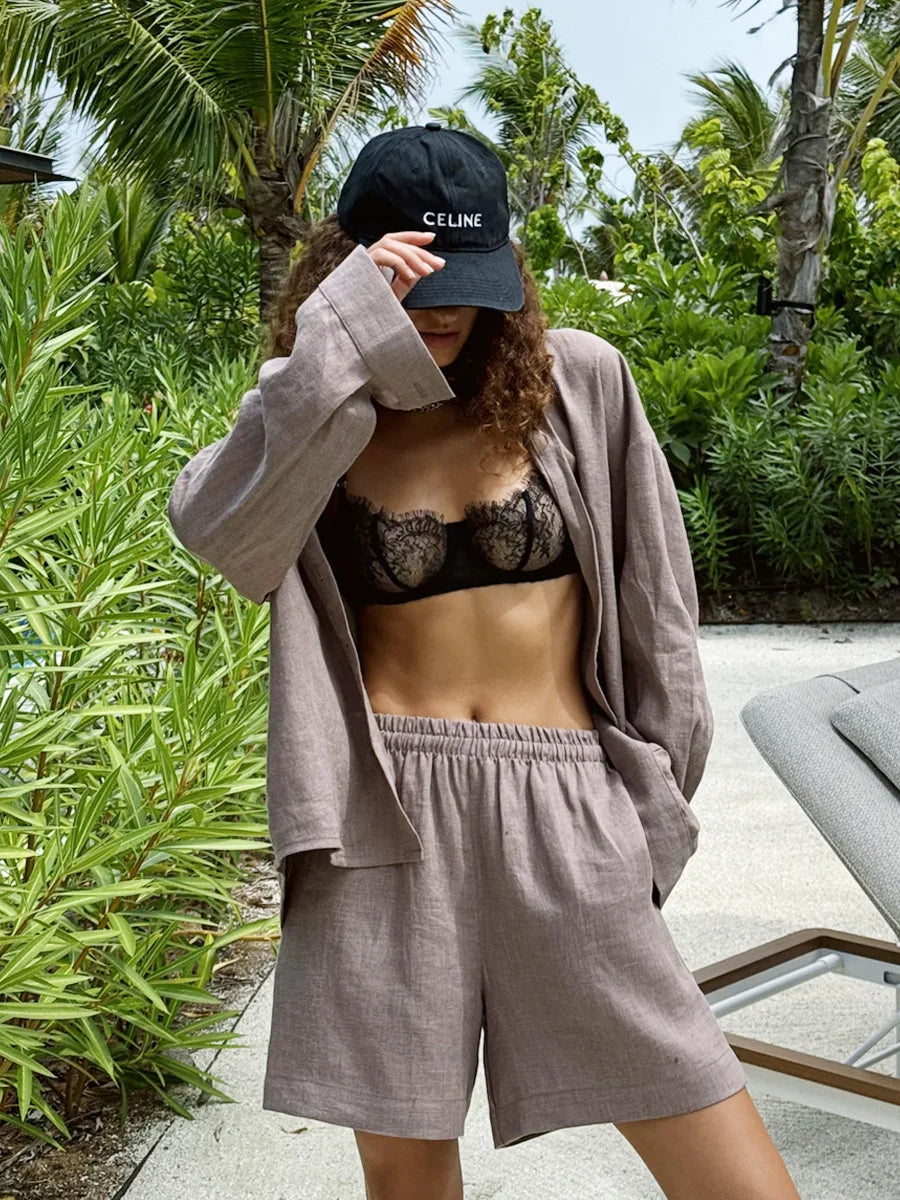Damen-Zweiteiler aus Baumwolle, legeres Reverskragenhemd mit langen Ärmeln und Hose mit elastischem Bund, einfarbig, bequem – Sommer-Outfit | Bornladies