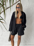 Damen-Zweiteiler aus Baumwolle, legeres Reverskragenhemd mit langen Ärmeln und Hose mit elastischem Bund, einfarbig, bequem – Sommer-Outfit | Bornladies
