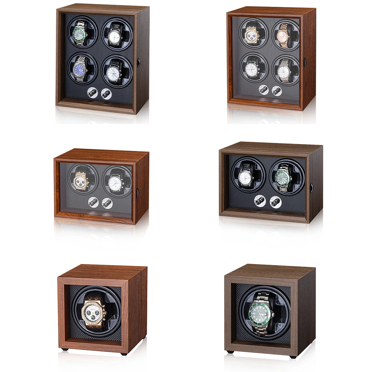 Remontoir Montre Automatique 1/2/4/6 Slots Boîte Bois Moteur Silencieux LED Bleue Vitrine Bijoux Premium | Remontoir Montre Automatique Bois LED Premium