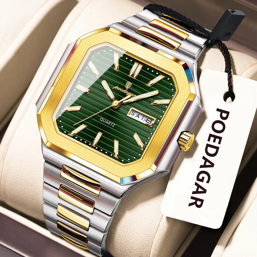 Montre Carrée Luxe Homme Poedagar – Quartz Étanche Lumineuse Date Semaine Acier Inoxydable Fashion