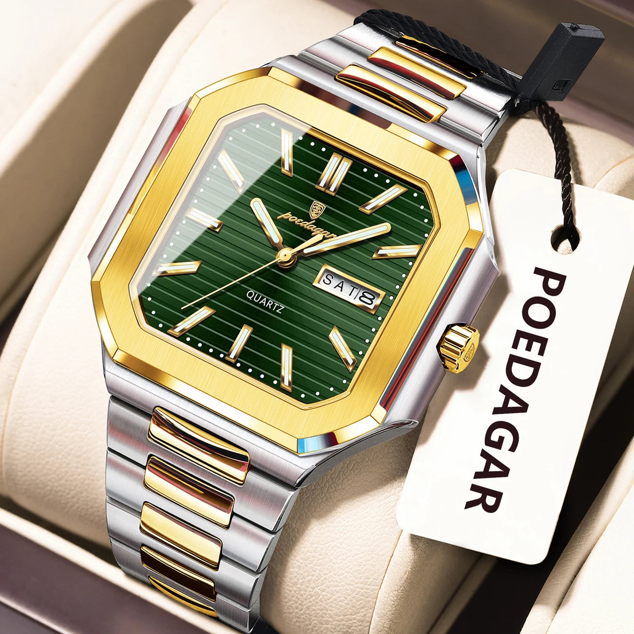 Montre Carrée Luxe Homme Poedagar – Quartz Étanche Lumineuse Date Semaine Acier Inoxydable Fashion