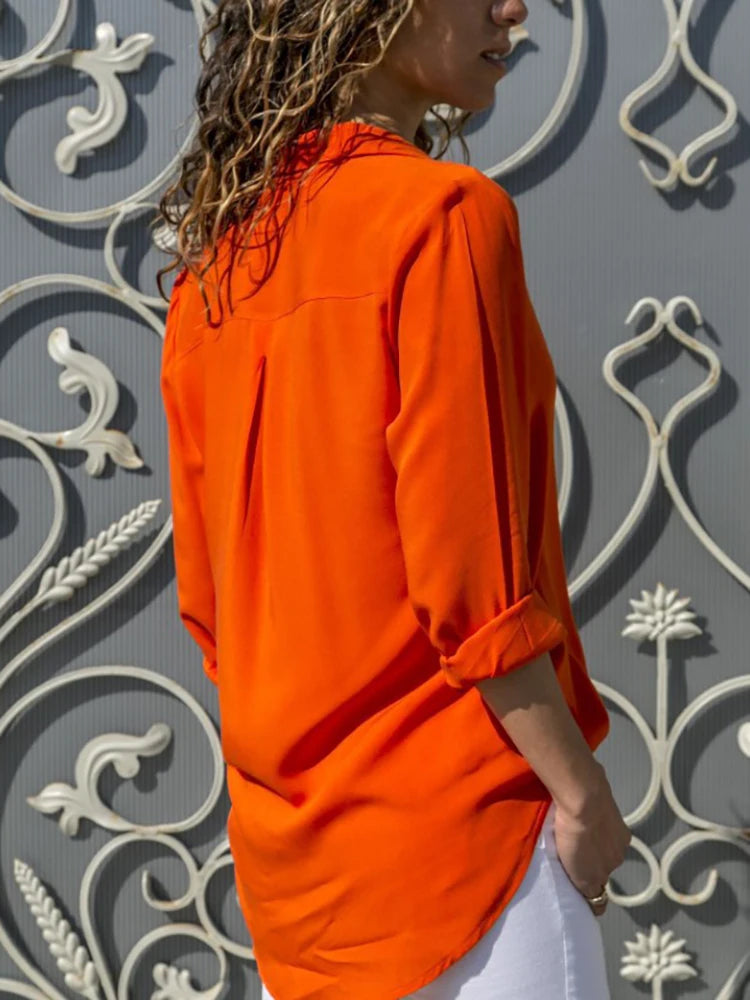 Damen-Chiffonbluse mit langen Ärmeln und Reverskragen – Elegante weite Hemdbluse | Büro & Freizeit Frühling Sommer