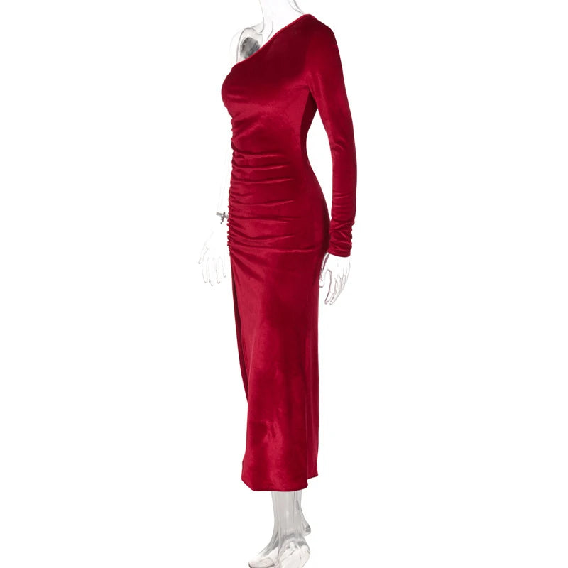 Elegantes Damen Samt Midi-Kleid Langarm Bodycon Schlitz Bleistift Abendkleid – Schickes Outfit Frühling Herbst | Glamour