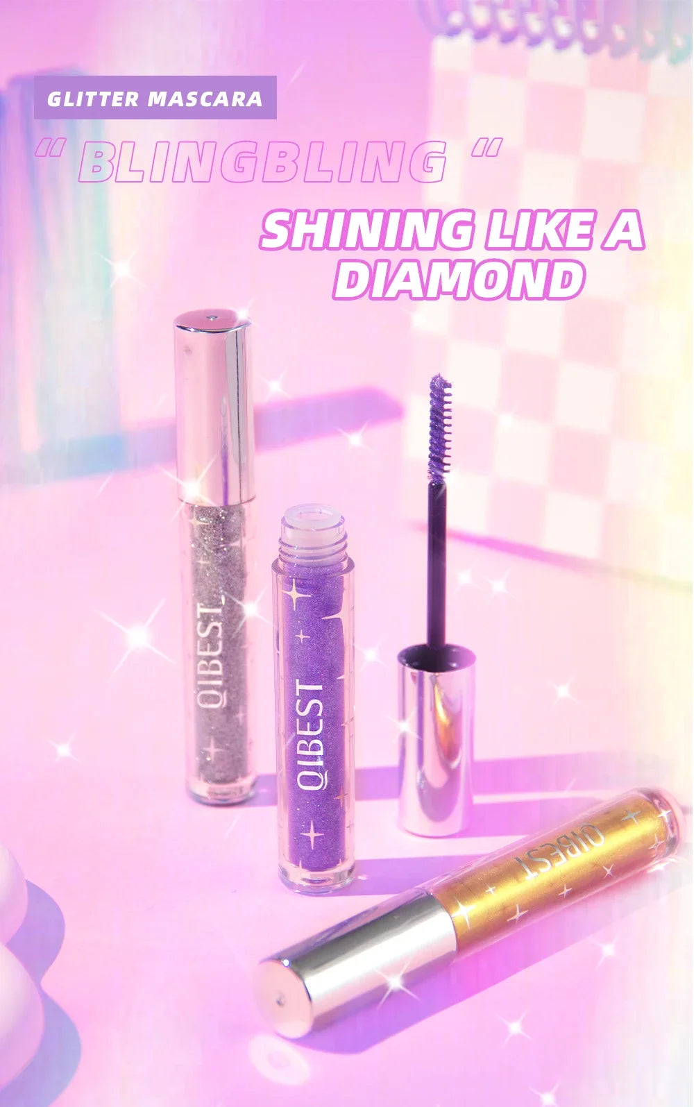 Mascara Diamond Galaxy Paillettes Glitter – Waterproof Longue Tenue Courbe & Volume | Shimmer Maquillage Cils
