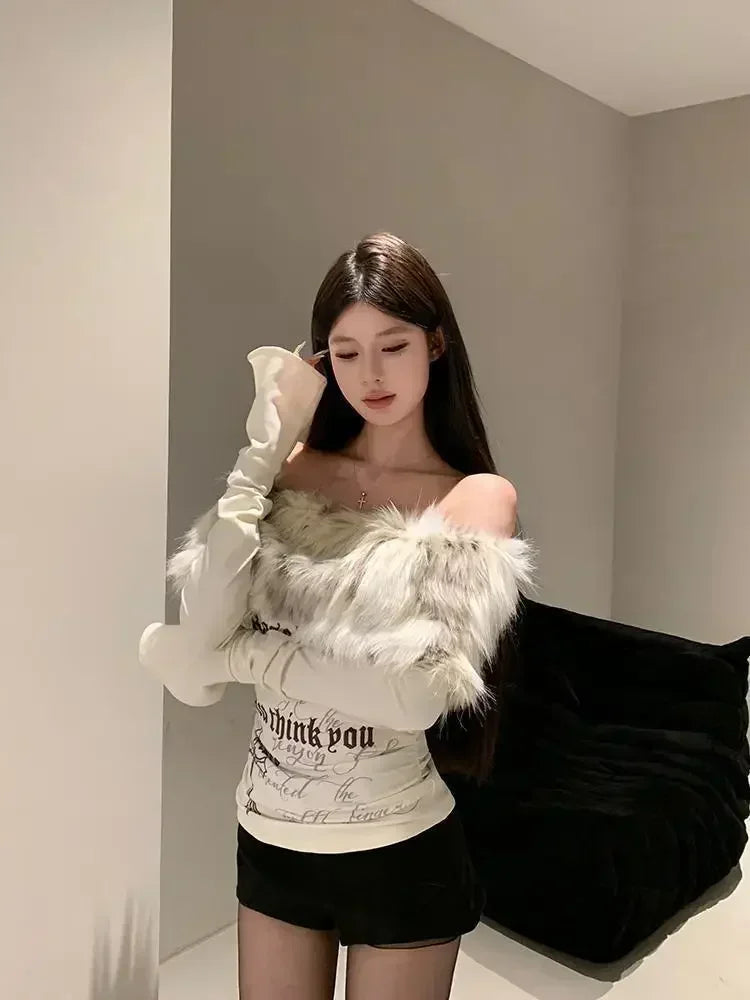 Top Femme Épaules Dénudées Tube Rétro Manches Longues Peluche Gainant Sexy – Sous-Pull Chic | Hiver