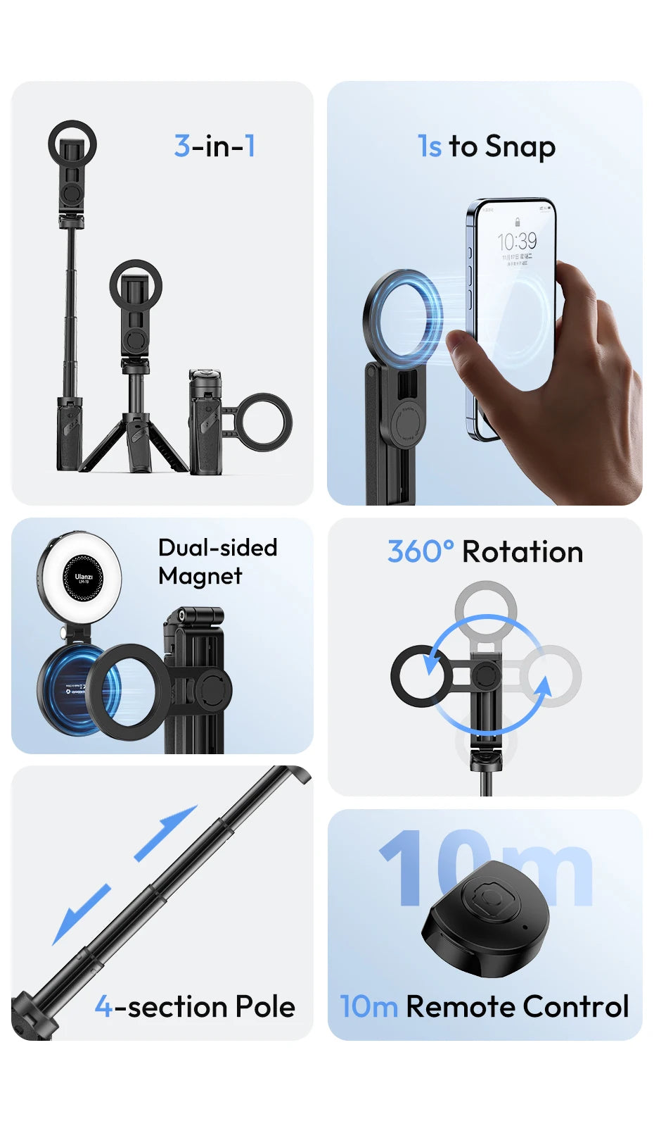 Ulanzi JJ03 Trépied Magnétique Selfie Stick – Grip Téléphone Bureau iPhone 16 15 14 13 Pro