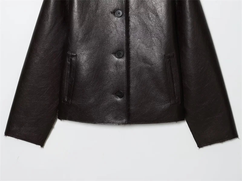 Veste Femme Cuir Synthétique Réversible Marron 2025 – Manches Longues Automne Hiver Unique