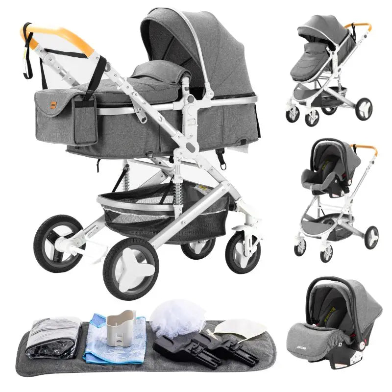 Poussette Bébé 3 en 1 Luxe Pliable Noire – Cadre Aluminium, Haute Vue, Nacelle & Siège | Voyage Nouveau-Né & Nourrisson