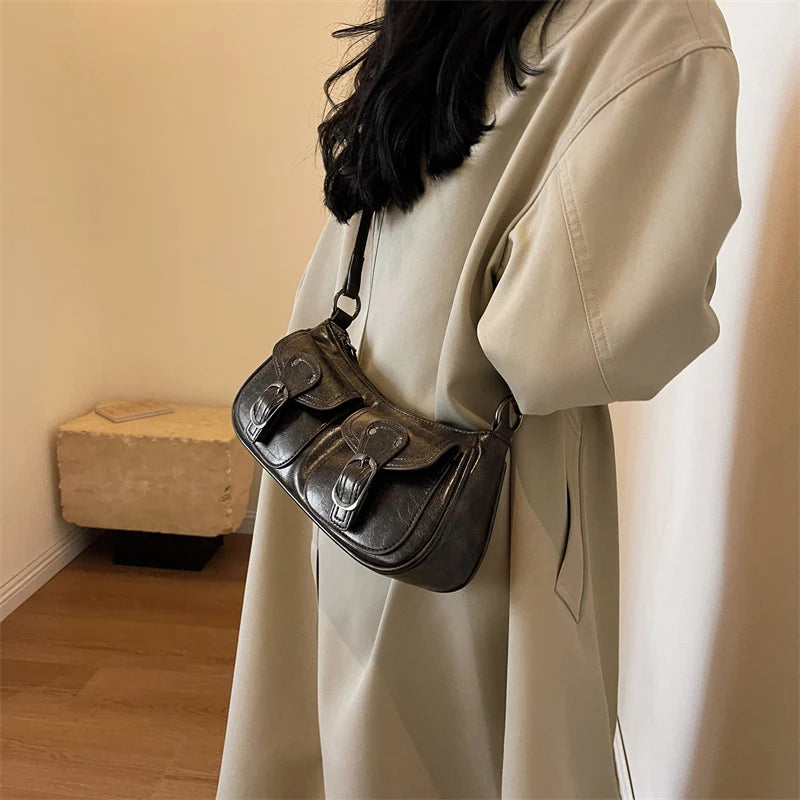 Sac Épaule Femme Cuir PU Double Poches Tendance 2025 – Sac Crossbody Underarm Chic