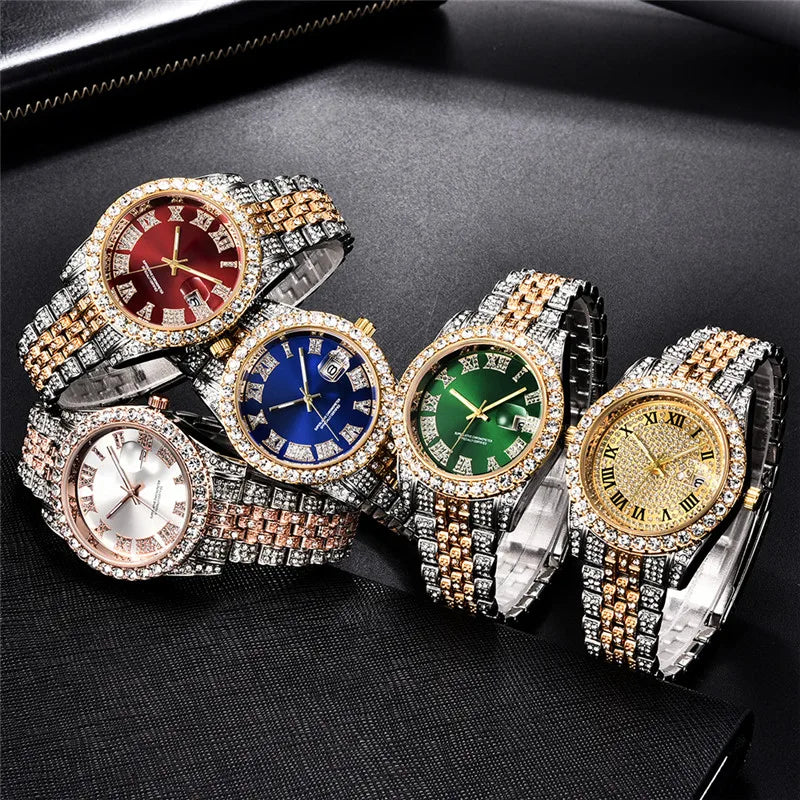 Montre Homme Hip Hop Diamant Fashion Bracelet Alliage Dorée Luxe Date Quartz Tendance Streetwear Bling | Montre Hip Hop Diamant Dorée Premium
