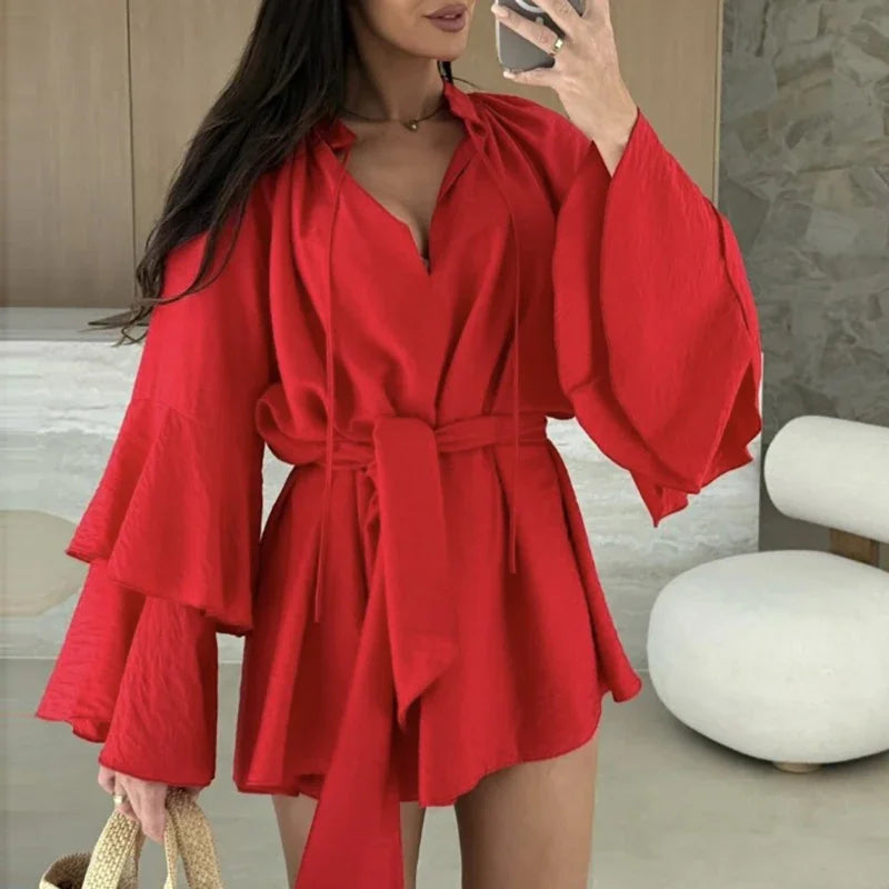 Robe Mini À Volants Col V Profond & Lacets - Manches Évasées Casual Vacances Printemps Été