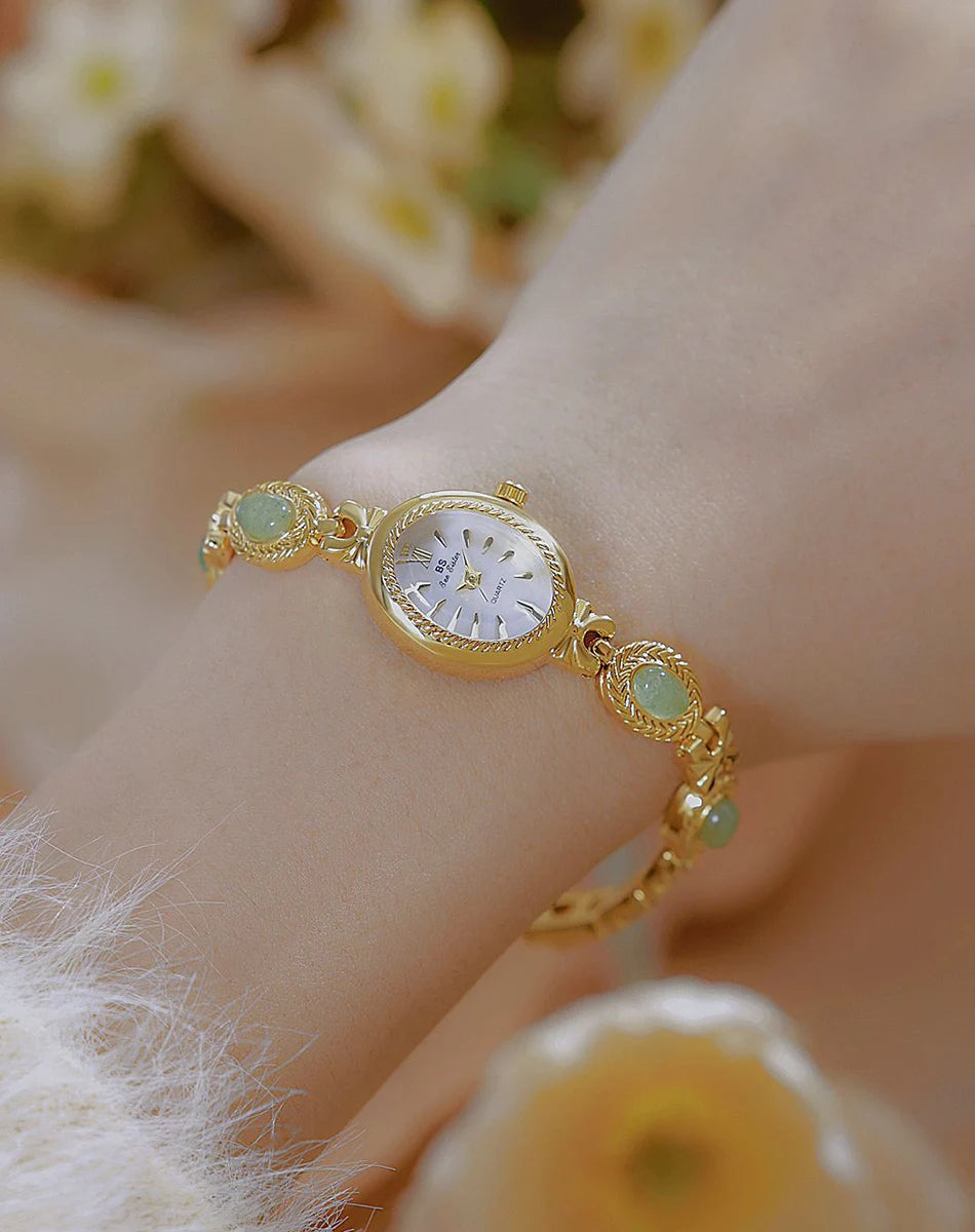 Montre Femme Luxe Jade Bracelet Quartz Dorée – Élégante Fashion Cadeau Idéal