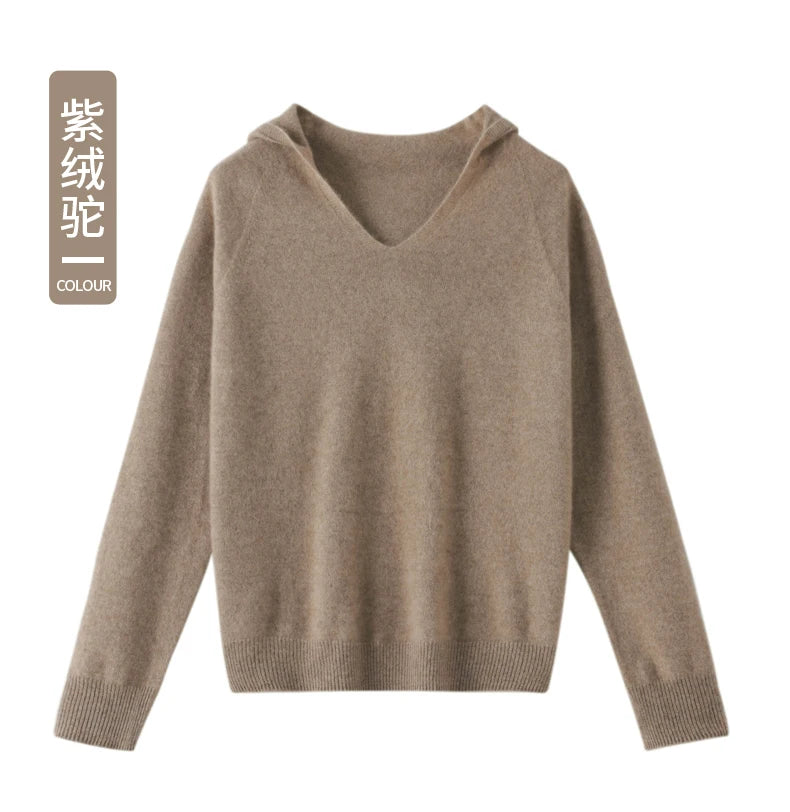 Pull Cachemire Femme 100% Laine Mérinos Col V À Capuche – Chaud Élégant Tendance | Automne Hiver