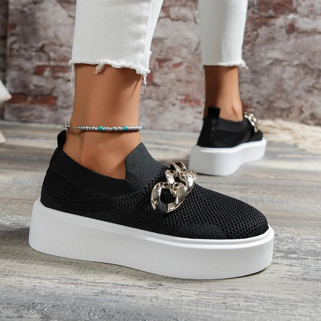 Ballerines Plateforme Noires Chaîne Métal Femme 2025 – Loafers Mesh Oxford Designer Casual