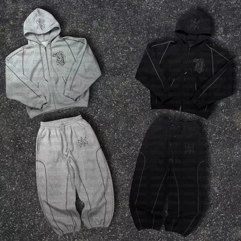 Ensemble 2 Pièces Y2K Américain Unisexe – Sweat Capuche Zip Oversize Broderie Hip Hop + Jogging Casual Homme & Femme | Streetwear