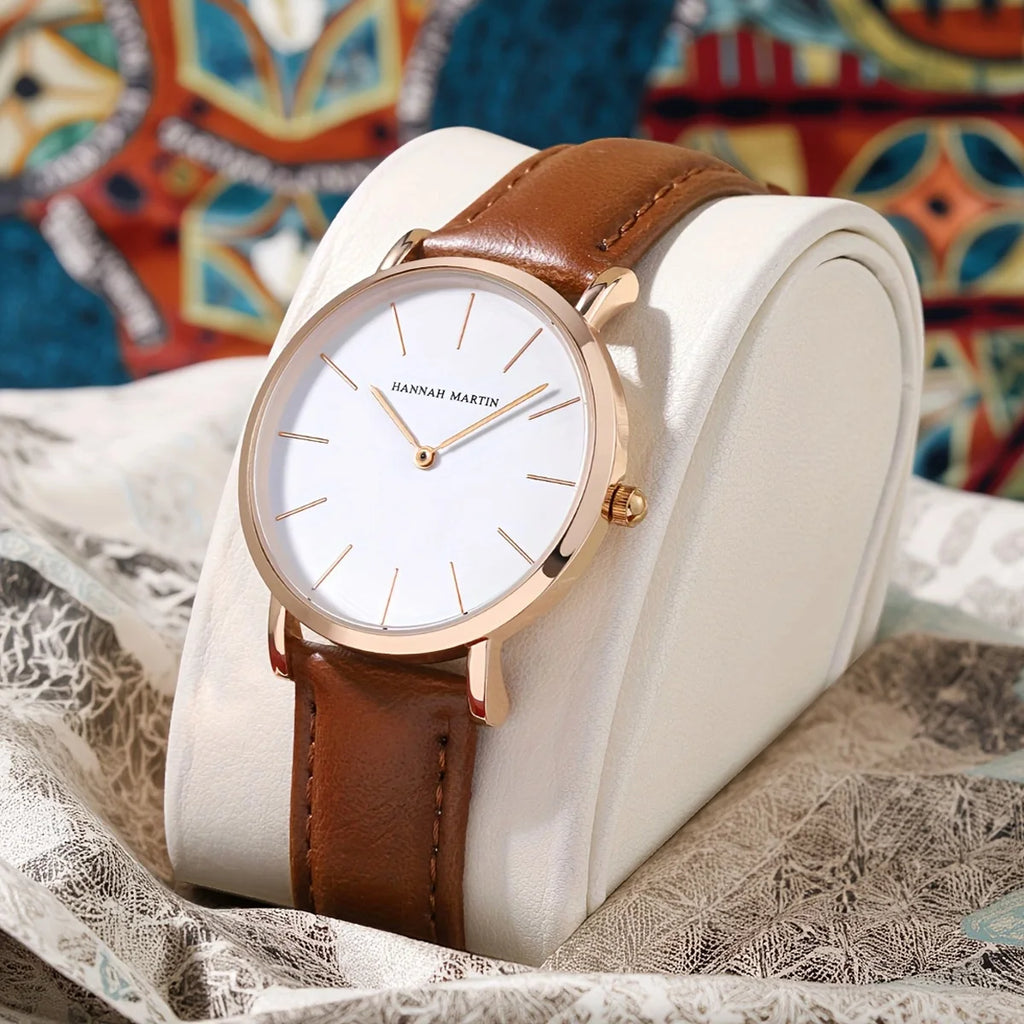Montre Femme Luxe HANNAH MARTIN Ultra-Fine 36mm Cuir Or Rose – Étanche Élégante Fashion