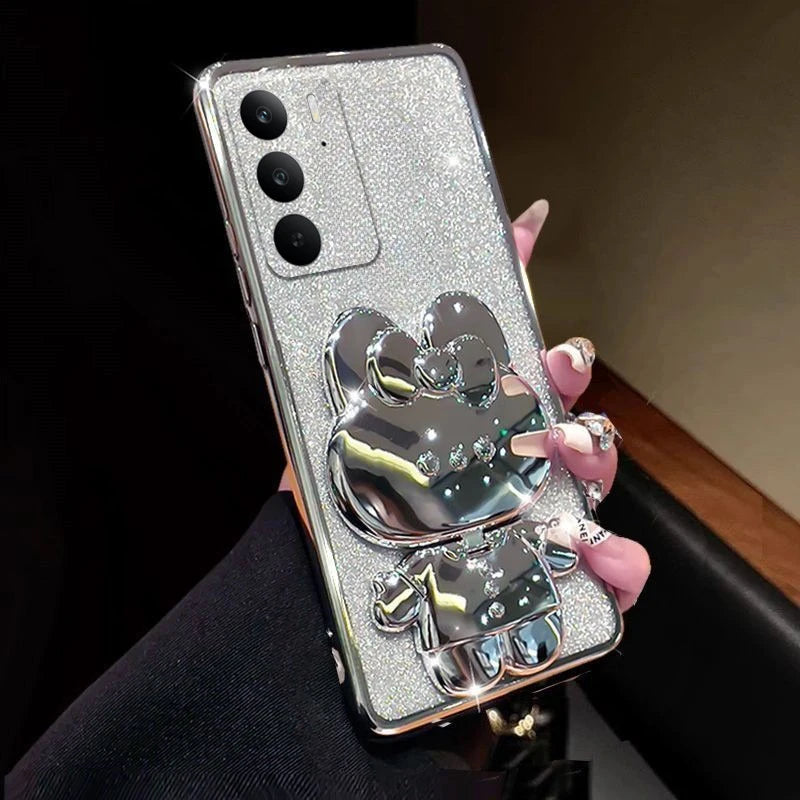 Coque Miroir Lapin Pliable Realme C71 C73 C75 – Support Intégré Antichoc | Accessoire Smartphone Kawaii