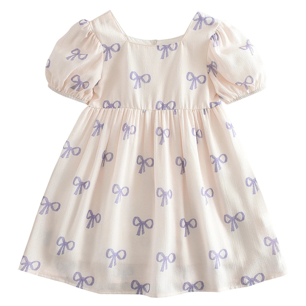 Robe Princesse Fille Manches Bouffantes Col Carré Nœud Imprimé – Tenue Casual Été 3-7 Ans