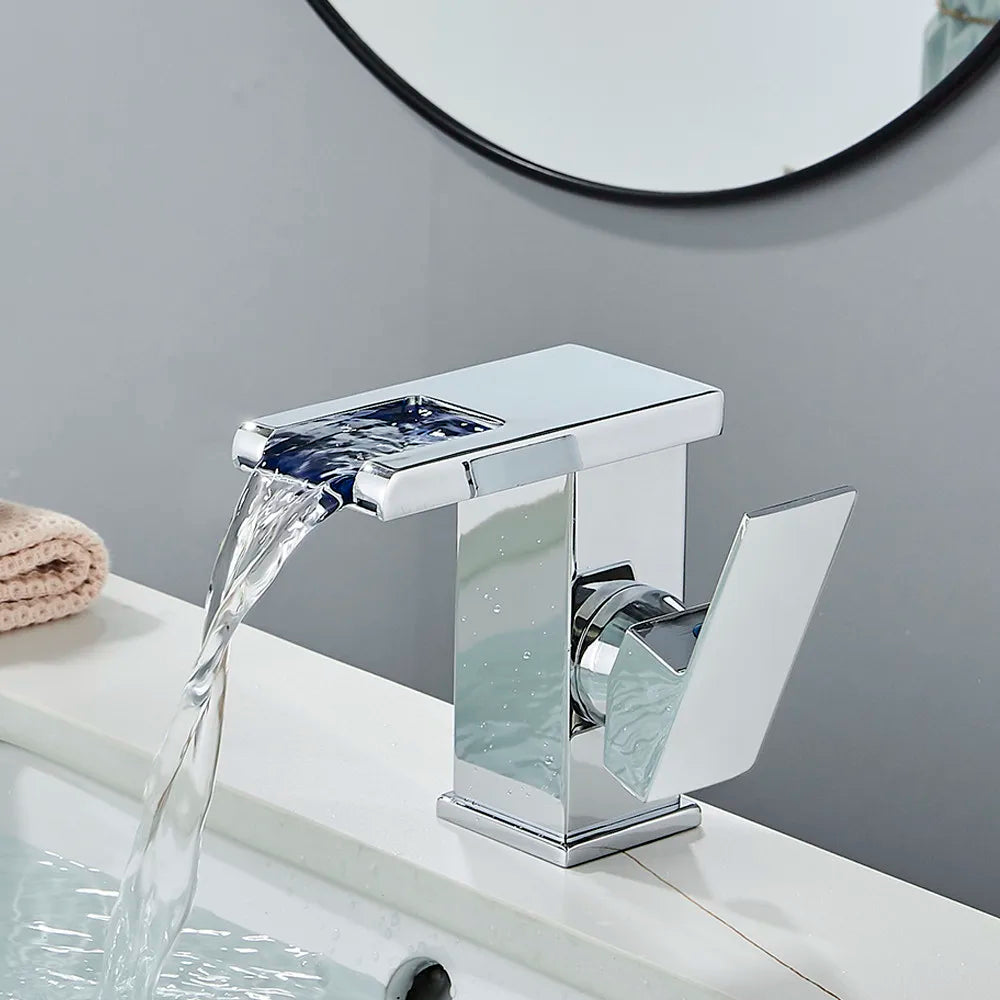 Rozin Robinet Lavabo Noir LED Cascade Hydroélectrique – Mitigeur Eau Chaude & Froide, Lumière LED Automatique | Vasque Design