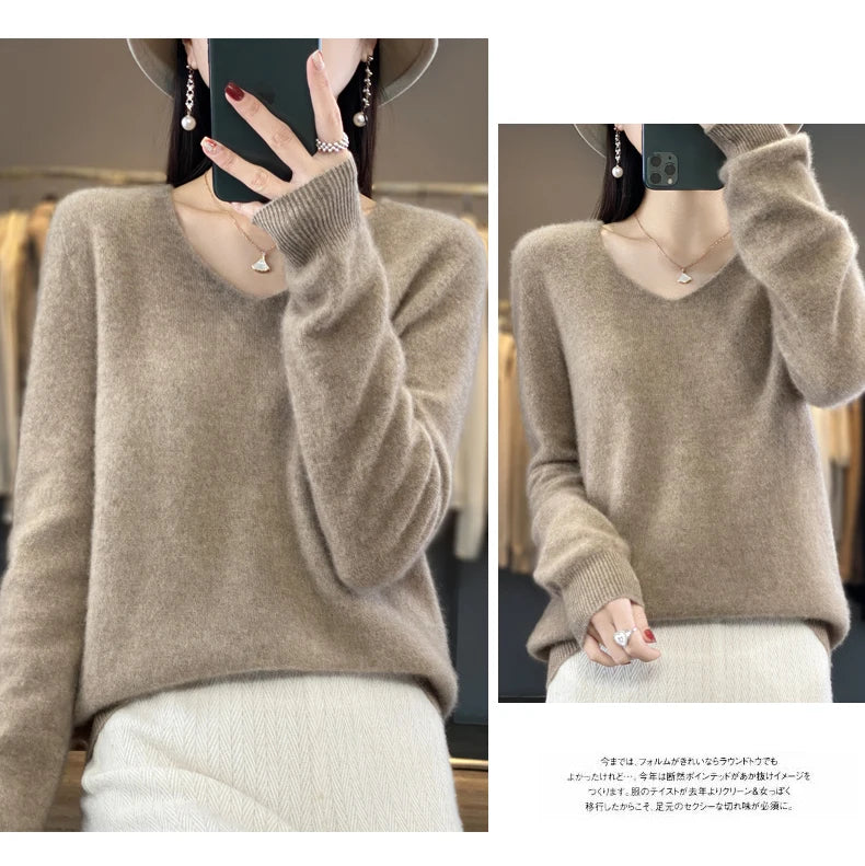 Kaschmirpullover 100% Wolle V-Ausschnitt Damen - Strick Casual Korean Fashion Herbst Winter