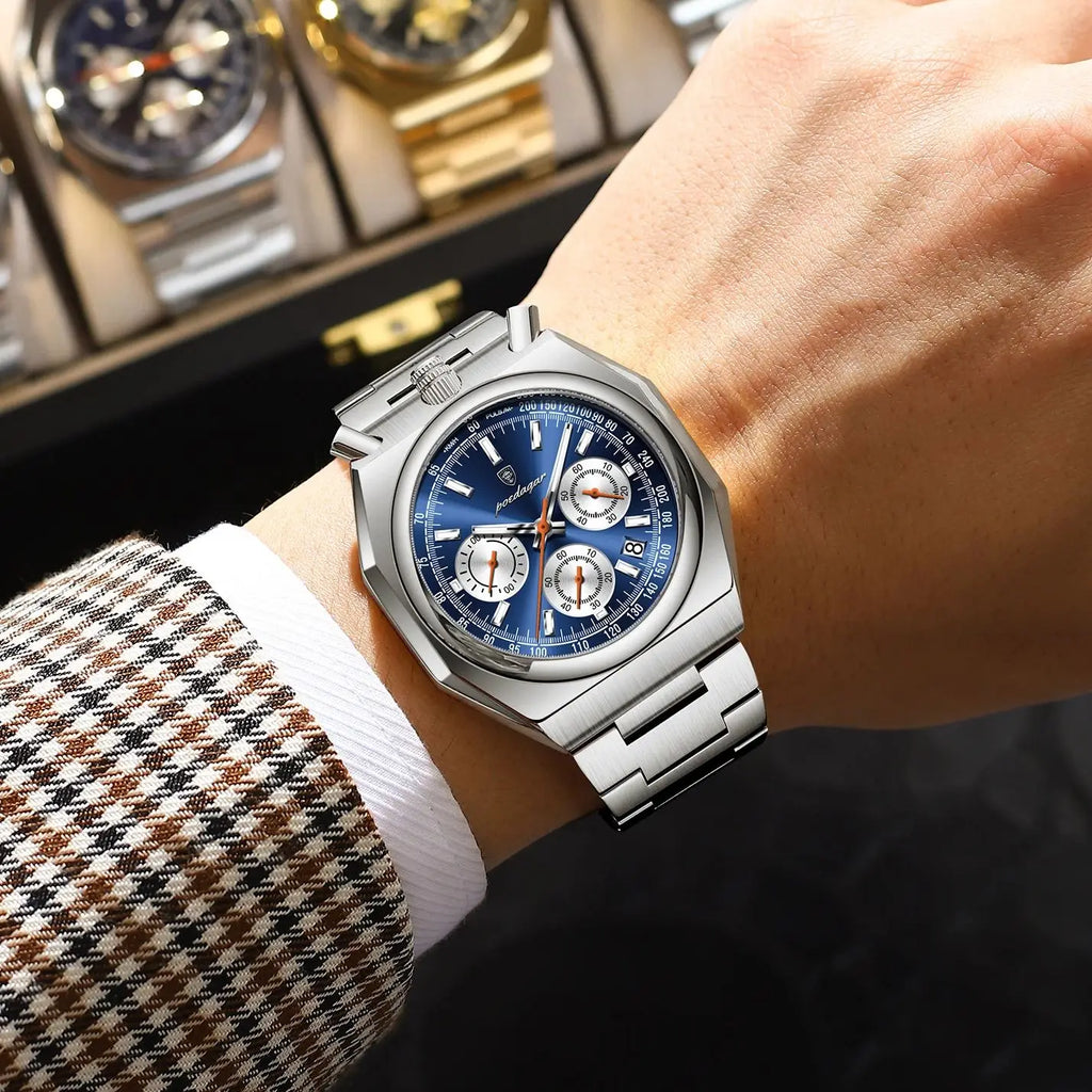 Montre Homme Luxe POEDAGAR Chronographe Militaire Acier Inoxydable Lumineux Étanche + Boîte