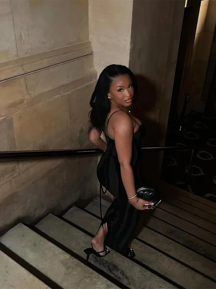 Robe Maxi Femme Velours Noir Transparente Mesh Épaules Dénudées Taille Cinée Slim – Soirée & Club | 2026