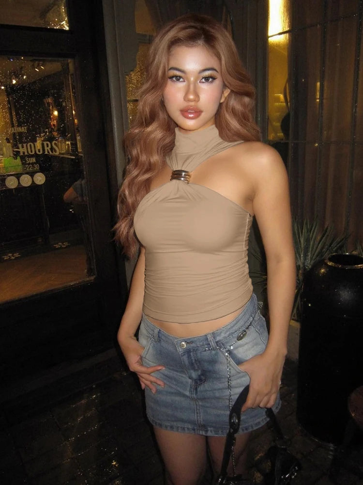 Top Débardeur Femme Nœud Métal Plissé Sans Manches Stretch Slim – Casual Streetwear Polyvalent | Été