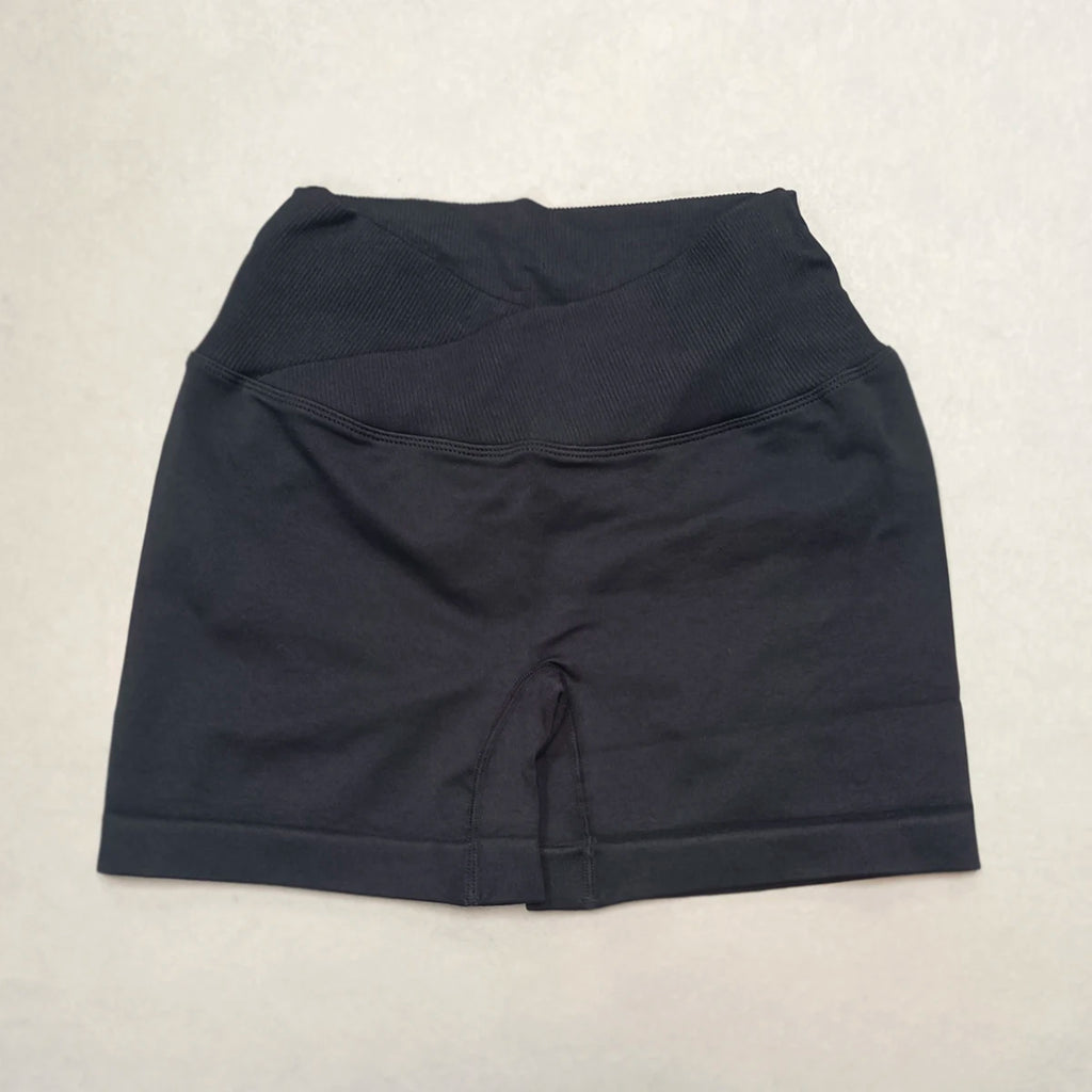 Short Yoga Femme Taille Haute Croisée Gainant Fessier Gym Running Fitness – Short Sport Sculptant Élastique | Mode Athleisure