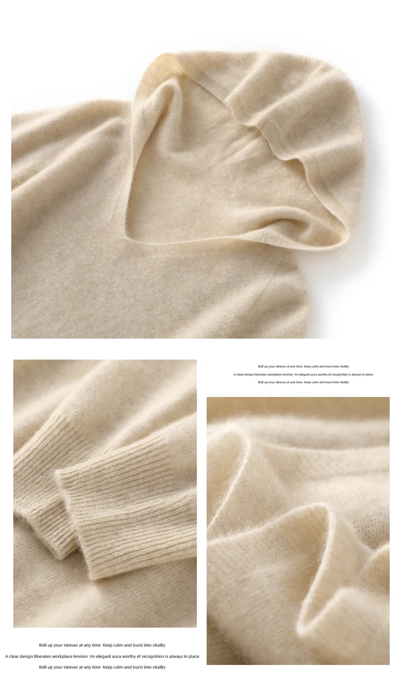 Pull Cachemire Femme 100% Laine Mérinos Col V À Capuche – Chaud Élégant Tendance | Automne Hiver