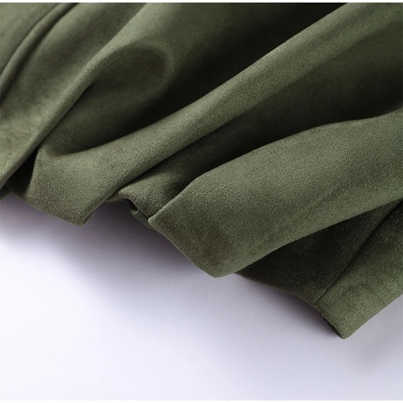 Veste Femme Suède Vert Élégante Manches Bouffantes Revers Fermeture Éclair Ample Plissée – Blouson Court Streetwear Printemps Automne | Mode 2025