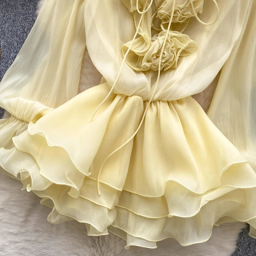 Robe Courte Femme Fleurs 3D Manches Longues Laçage Volants Mousseline – Vintage Bohème Sexy | Plage Été