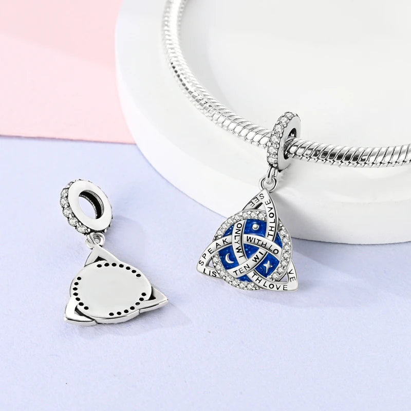 Charm Argent 925 Bleu Rotatif – Œil Démon, Main, Lune & Ciel Étoilé | Perle Pendentif Bracelet Femme | Bijou Spirituel & Mystique