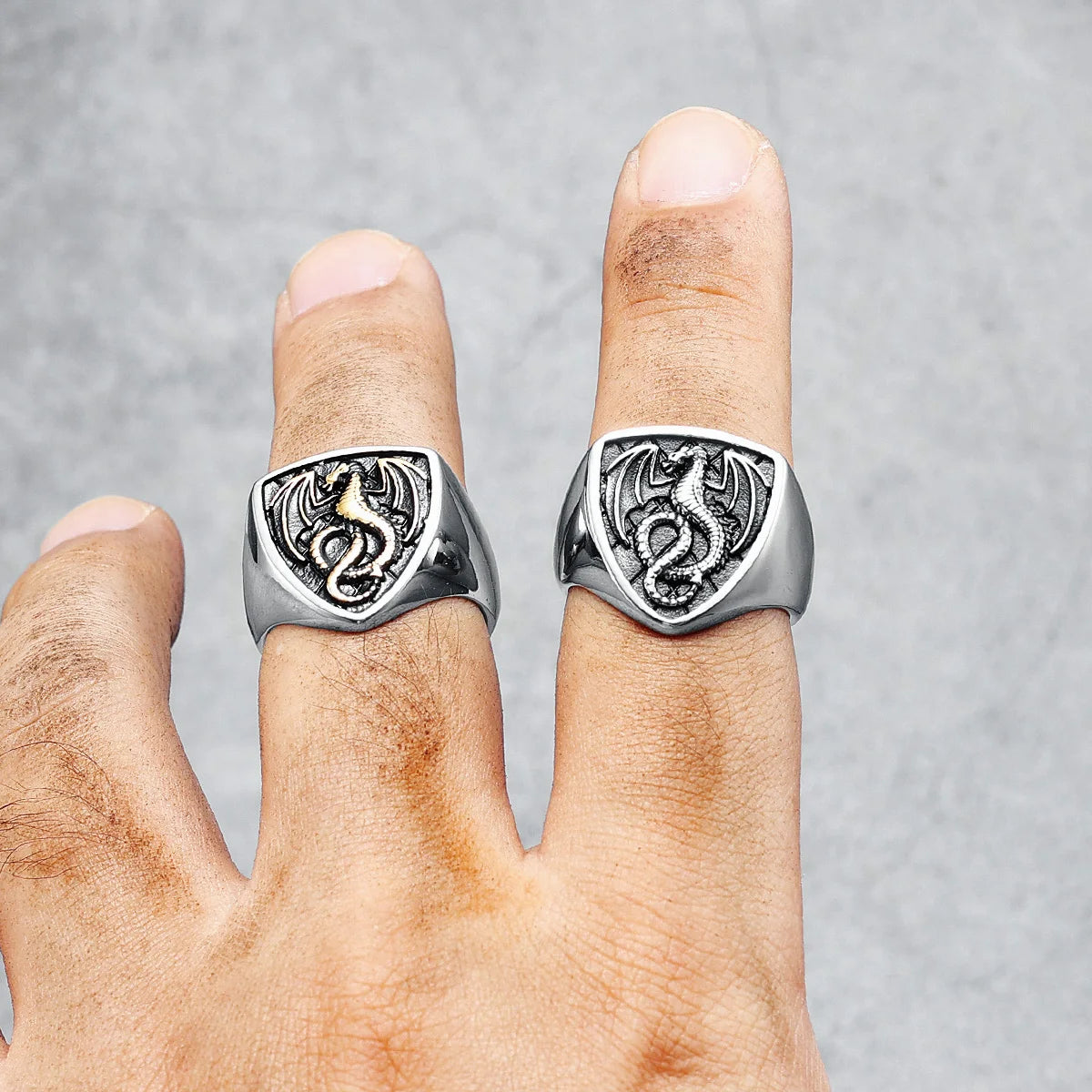 Bague Dragon Bouclier Acier 316L Homme — Style Rock Punk Viking Biker Retro