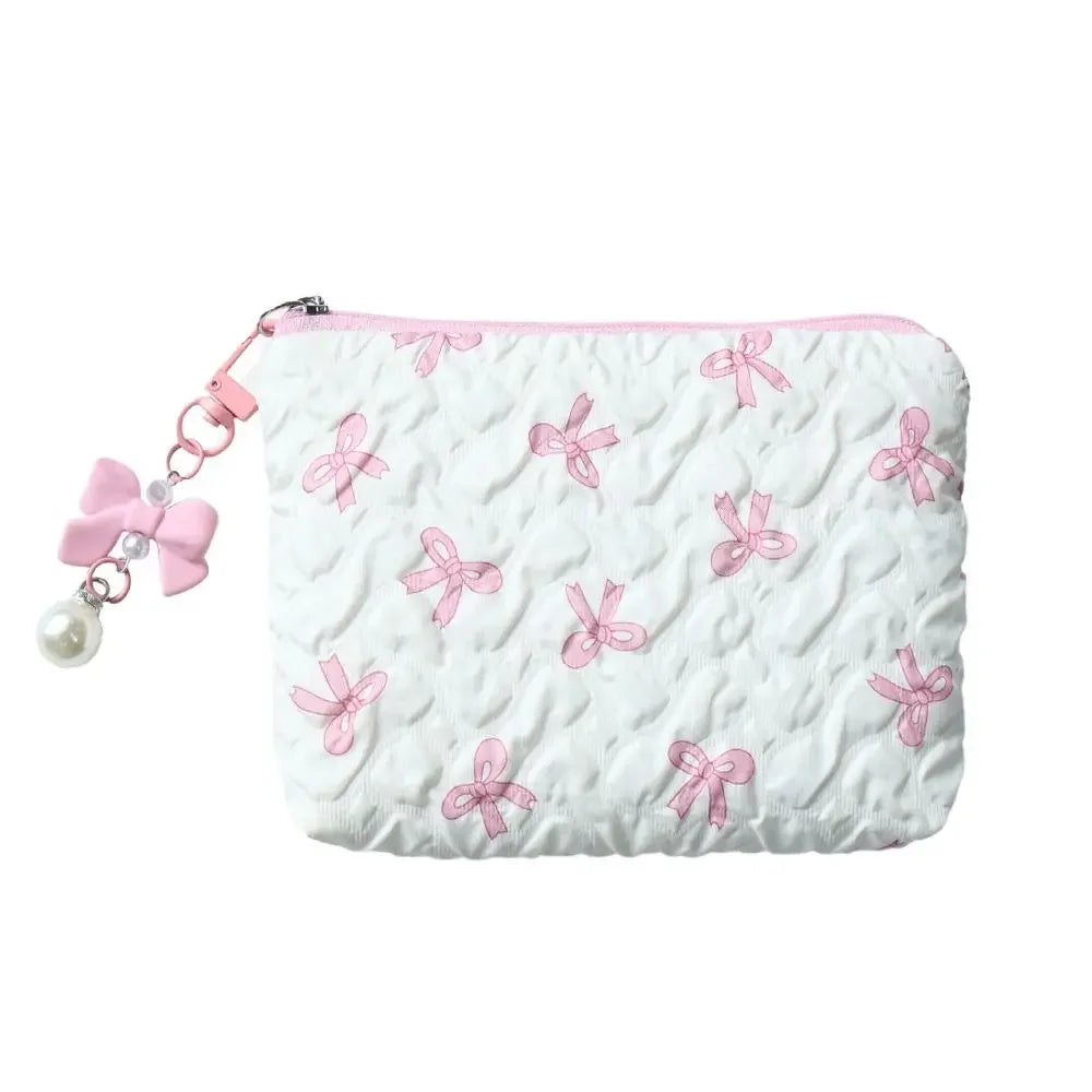 Trousse Cosmétique Nœud Plissé Coton Matelassé – Pochette Maquillage Voyage Filles | Organisateur Portable