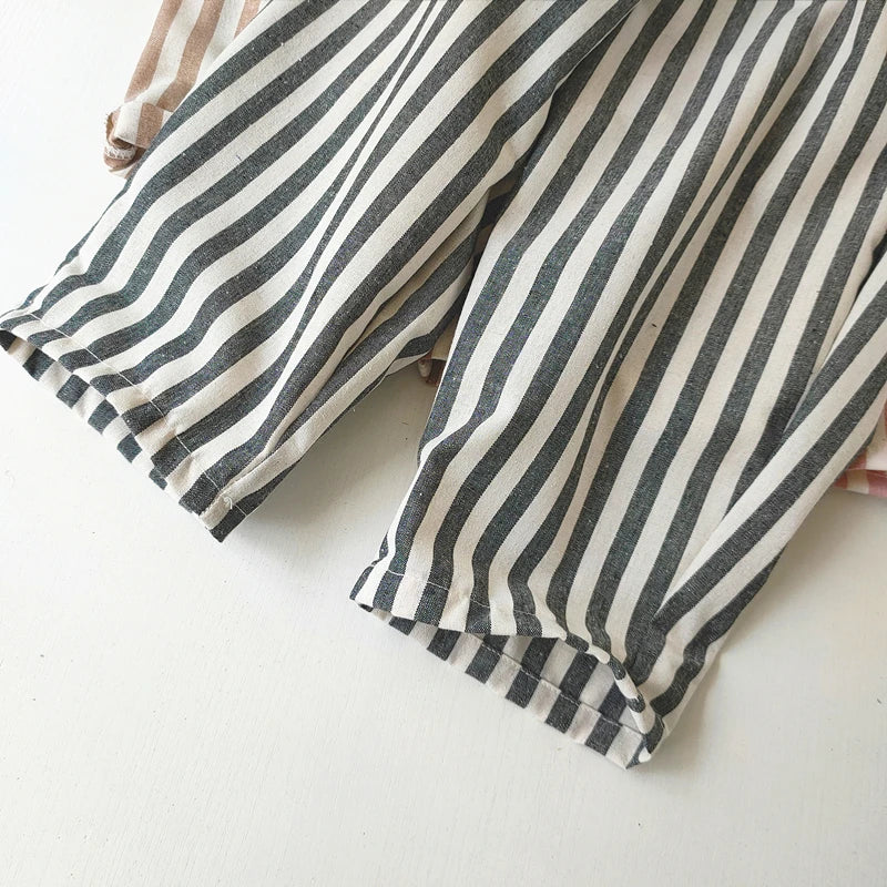 Short Lin Coton Enfant Rayures – Pantalon Court Casual Vintage Ample Garçon Fille Été