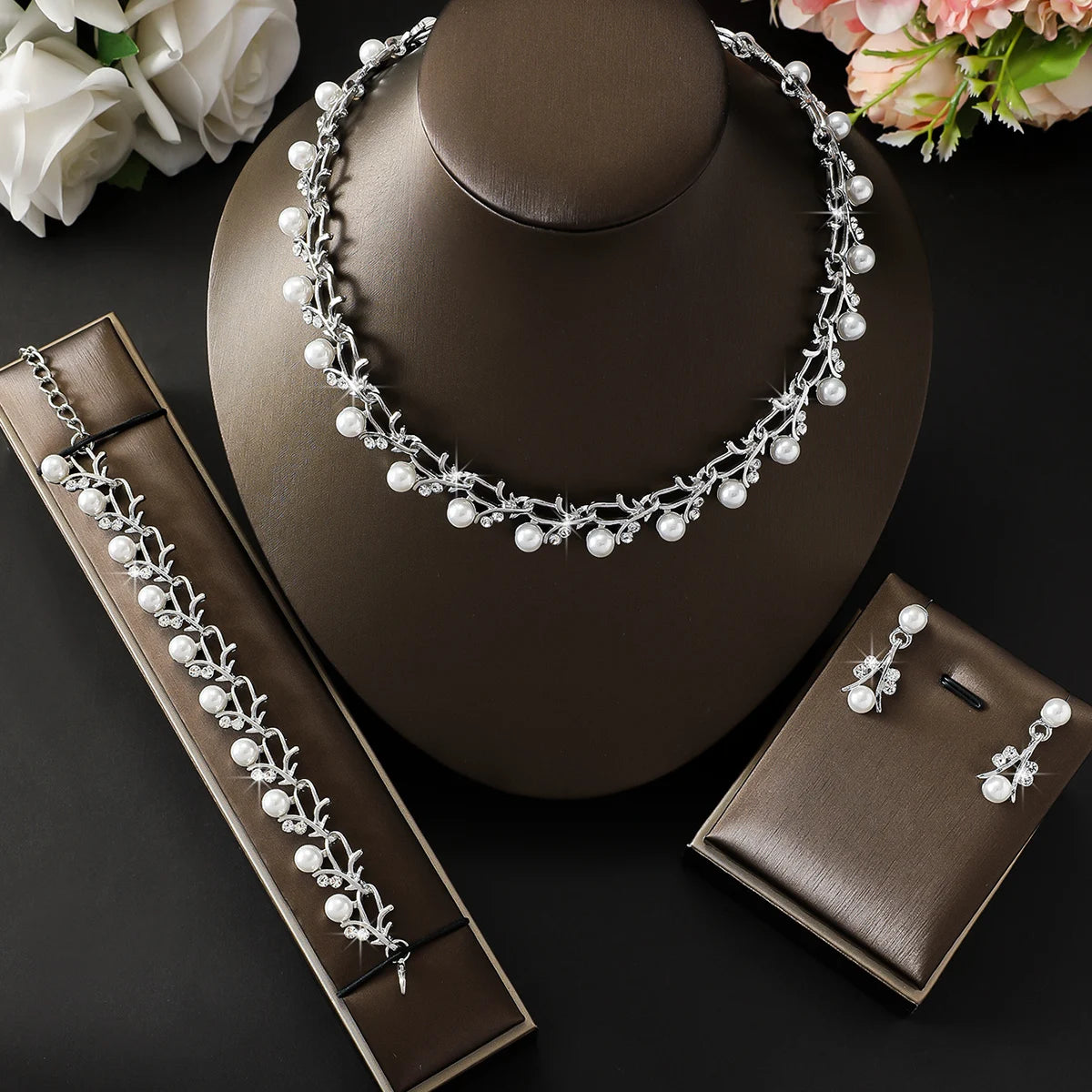Parure Bijoux Mariage 4 Pièces Perles Strass — Collier Boucles Bracelet Mariée