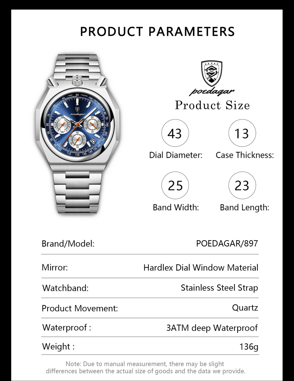Montre Homme Luxe POEDAGAR Chronographe Militaire Acier Inoxydable Lumineux Étanche + Boîte